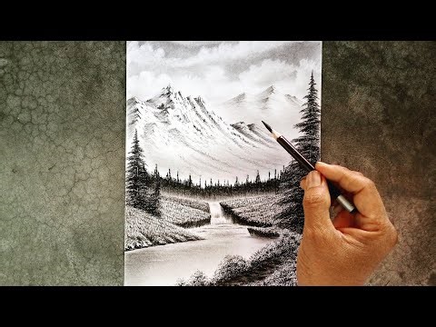 how to draw a waterfall landscape pencil of bob ross's painting//