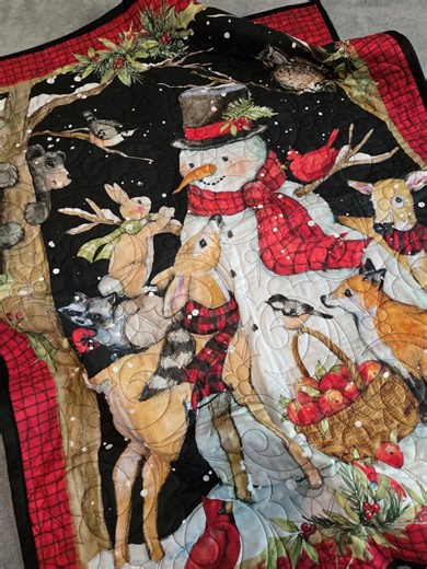 Handmade Lap Quilt, Snowman and Friends, Christmas Blanket, Lap Quilt, Cozy Throw Blanket, Holiday Gift, Forest Animals, Holly Leaves - Etsy