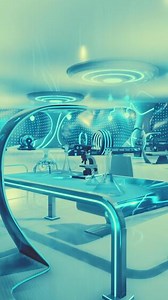 A futuristic laboratory with a sleek white table and chairs