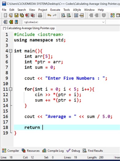 0313--CALCULATING AVERAGE USING POINTER This example shows how pointers can be applied to perform arithmetic calculations on stored values. It is useful for practicing pointer concepts and data access.