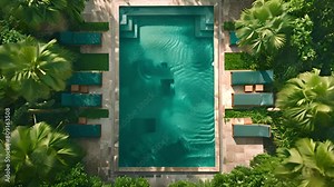 Swimming pool in luxury resort top view. Lounge chair on terrace near swimming pool. Top view of pool and lounge area. Tropical vacation concept. Ariel view. Holiday background 4k