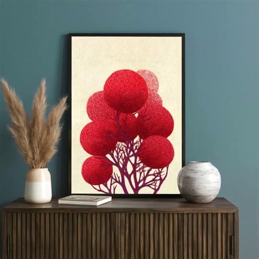 Japanese Coral Art Print | Red Polka Dot Wall Décor UK