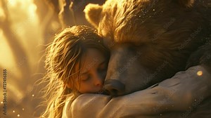 Young girl hugging a big brown bear. love for animals. harmony with nature and its inhabitants. protection of animals. Generative AI