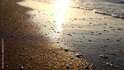 Tidal Pool Iridescence A detailed view within a clear, sunlit tidal pool, showcasing the shimmering surface tension and any submerged elements (small shells, pebbles) catching and reflecting light.