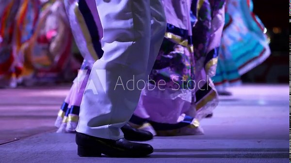 Closeup of men and women dancing a Mexican cultural folk dance sharing the different ethnic dances of La Paz, Baja California Sur, Mexico in slow motion.