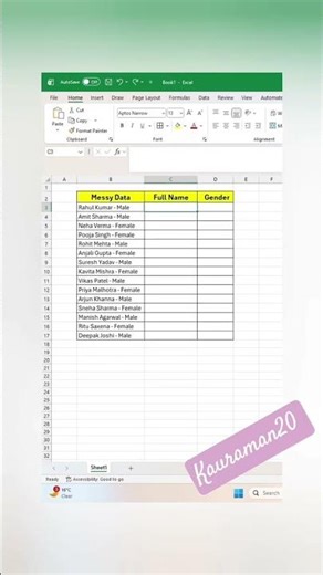 Excel Flash Fill Magic #kauraman20 #shorts