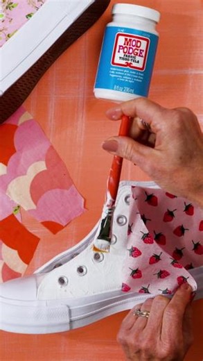 Plaid Crafts on Instagram: "Personalize your style with Mod Podge Fabric! This all in one glue and sealer is made right here in the USA and is all you need to upcycle your shoes! Put a berry fresh spin on fashion when you shop at plaidonline.com!  #ModPodge #ModPodgeMonth #CustomShoes"