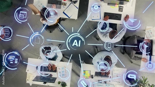 Business team uses artificial intelligence tech to automate data entry tasks, digital ecosystem HUD overlay. Top down view of company workers streamlining workflow using AI machine learning operations
