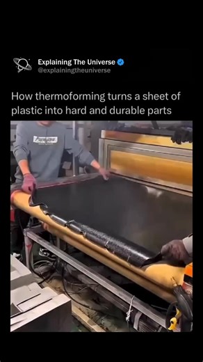 Explaining The Universe on Instagram: "Thermoforming is a manufacturing process where a plastic sheet is heated until it becomes soft and pliable, then shaped over a mold using vacuum, pressure, or mechanical force. Once the material cools, it hardens into the new form, creating lightweight and durable parts. It’s widely used for packaging, automotive components, appliance housings, and custom trays because it’s fast, cost-effective, and ideal for medium- to large-scale production. Thermoforming