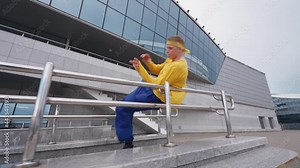 Free running, young man runs over obstacles in the city and doing a flips on training area near modern buildings, 4k slow motion.