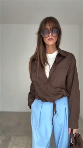 Oversized Chocolate Brown Shirt With Elasticated Hem and Sky Blue Satin Wide Leg Trousers #ootd