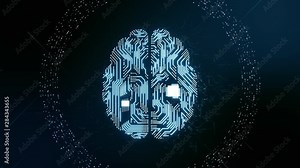 Artificial intelligence (AI) glowing brain animation, modern computer future technology concepts. Data mining, deep learning, big data. Brain processing information with printed circuit board design.