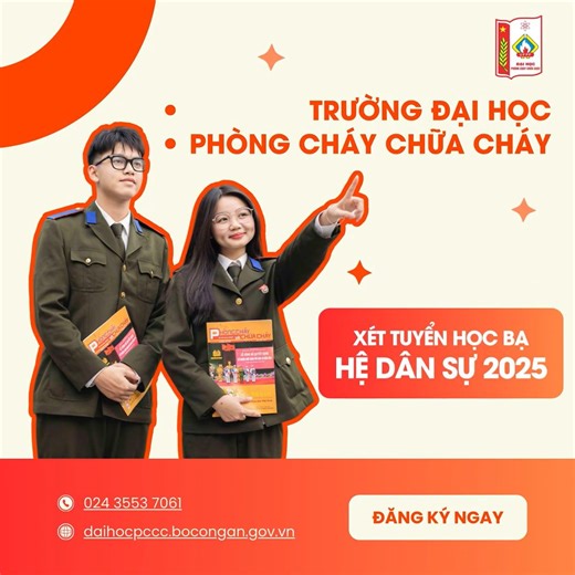 XÉT TUYỂN HỌC BẠ HỆ DÂN SỰ – TRƯỜNG ĐẠI HỌC PCCC 2025🎓 --- 💥 Chính thức nhận hồ sơ từ 15/04/2025! 👉 Nắm cơ hội vào đại học sớm, tự tin vững bước – chẳng ngại áp lực thi cử! 📚 Ngành đào tạo Phòng cháy chữa cháy và cứu nạn, cứu hộ là ngành học đặc thù, có tính ứng dụng cao, đáp ứng nhu cầu thiết thực của xã hội. 💥 Đào tạo duy nhất tại Trường Đại học Phòng cháy chữa cháy. 🏫 Môi trường đào tạo: 👉 Sinh viên được học tập trong môi trường kỷ luật – nghiêm túc, kết hợp lý thuyết chuyên sâu và thự