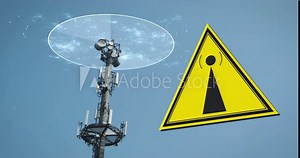 EMF Warning Sign 5G 6G Communication Tower, Health risks. Exposed to harmful FM radiation from cell towers