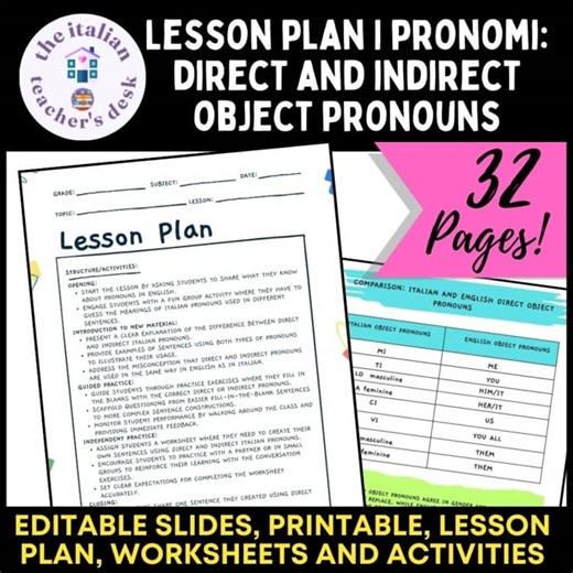 Italian pronouns lesson plan – editable worksheets 10th 12th grade