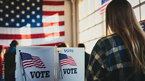 Woman voting in the US presidential elections - Vote box and politic concept - Model by AI generative