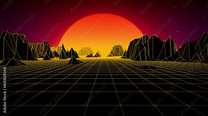 Retro sunset background with glowing yellow grid landscape and moving camera. Retrowave or synthwave animation in a vintage style for nightclub performance and music festival visualization. 4k , 60fps