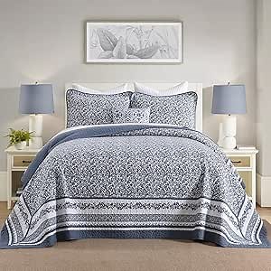100% Cotton Bedspreads Queen Size 102"x120" - Lightweight Oversized Queen Quilt with 2 Pillowshams, Reversible Farmhouse Printed Botanical Bedding Coverlet for All Season, 3 Pcs, White/Blue