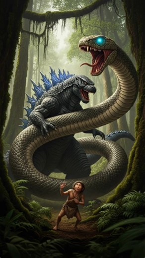 “Godzilla Saves Early Human from Snake! 🦖🐍 Epic Rescue Short!”