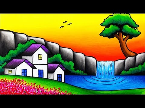 How to Draw Nature Scenery of Waterfall, Sunset and Houses | Easy Waterfall Sunset Scenery Drawing
