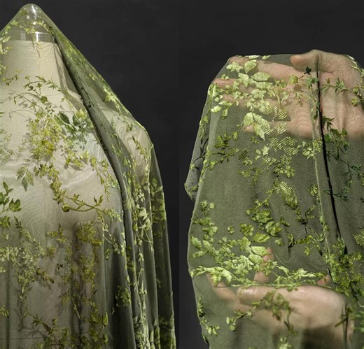 Green Embroidered Mesh Fabric, Stretch Lace Fabric, Floral Embroidered Fabric, Sheer Tulle Fabric, Textured Flocked Fabric,by the Meter,a186 - Etsy