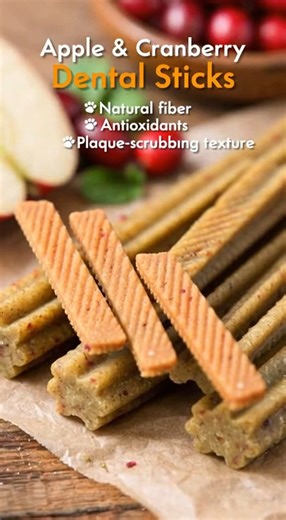 Apple & Cranberry Baked Dental Sticks for Dogs 🐶🍎 Firm, gently chewy, and perfect for daily use 🦷 These homemade dental sticks are made with brown rice flour and naturally sweet apple purée, offering a satisfying texture that supports healthy chewing habits while using simple, dog-safe ingredients. Full Recipe in Coʍmеոτ 💬 | Happy Pup Kitchen