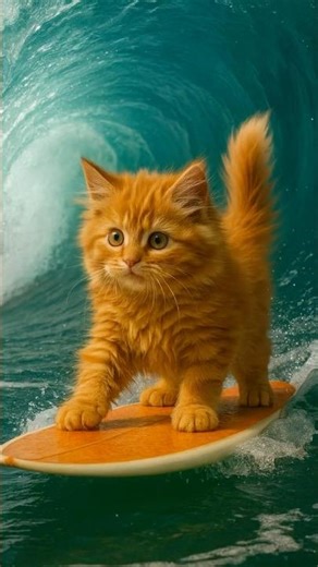 🏄‍♂️ Fluffy Kitten Surfs a Giant Wave! 🌊😺 #surfingkitten #funnyshorts