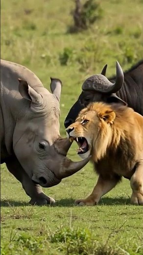 Rhino vs Lion Fight! Buffalo Joins to Save Rhino​ #AnimalBattle #RhinoVsLion #buffalorescue