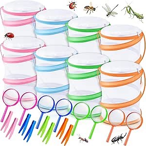 8 Sets Mini Butterfly Cage for Kids with Magnifier and Tweezer Butterfly Catching Kit Outdoor Explorer Kit Butterfly Habitat Net Insect Mesh Cages Butterfly Enclosure Bug Pop Terrarium up