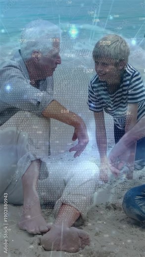 Vertical video: Senior man guiding Child as Mature man shaping sand, tech overlay annotating data