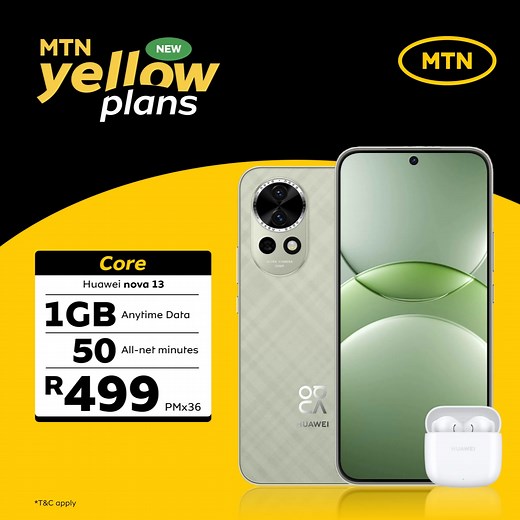 Ready for a phone that fits your vibe? Look no further than the Huawei nova 13 from MTN Yellow Plans. Get it today for R499pm PLUS a choice of FreeBuds, a Fit Fusion Watch, or a speaker—all for free! T&Cs apply. | MTN South Africa