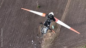 Close-up of a burnt out wind turbine. Wind energy farm turbine destroyed, damaged by fire after a lightning strike. Windmill, energy production