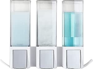 Better Living Clever Triple Shower Dispenser 3 Chamber, Wall Mount Shower Soap Dispenser for Bathroom Hotel Body Wash, Storage Hooks, No Drill, Waterproof Shampoo Soap Dispenser Pump, 3 x 17 oz, White