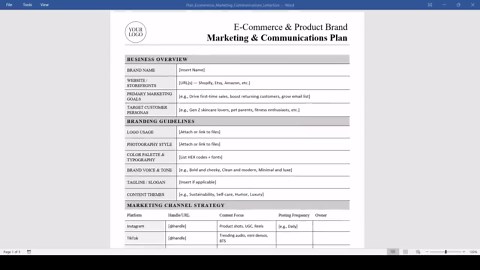E-commerce Marketing and Communications Plan Template – Word & PDF, A4   US Letter - Etsy