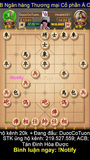 Trực tiếp cờ tướng công đài cờ ziga online showmatch thách đấu tìm kiếm những kỳ thủ chơi cờ giỏi. Những trận đấu giao lưu cờ tướng online hay của các cao thủ cờ tướng cờ úp ziga. Bình luận viên Được Cờ Tướng thứ năm 18-12-2025. Live Ziga Chinese Chess. Join the exciting Ziga online Chinese Chess game. Looking for online xiangqi chess masters in the world. You can support the channel by giving stars or donating directly to account number: 41206867, Asia Commercial Joint Stock Bank, Swift code: A