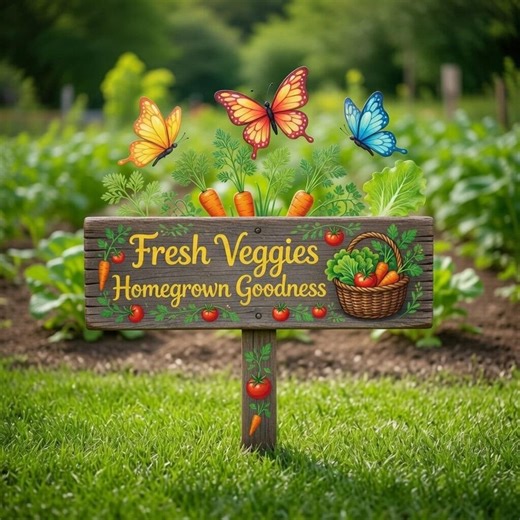 Fresh Veggies Metal Garden Sign with Butterflies, Vegetable Garden Decor, Homegrown Outdoor Yard Sign Gift