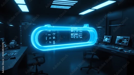 An intense neon blue glowing holographic interface displays critical data within a dark, futuristic command center, captured in a high-tech cgi render.