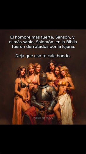 El hombre más fuerte en la Biblia — Sansón Y el hombre más sabio en la Biblia — Salomón Fueron derrotados por la misma cosa: La lujuria La fuerza no pudo proteger a Sansón La sabiduría no pudo proteger a Salomón Porque no importa cuán poderoso seas, el deseo puede cegarte más rápido que cualquier enemigo. No importa cuánto hayas construido, cuánto sepas, o cuánto hayas logrado, si no puedes controlar tus propios impulsos. Déjalo que cale hondo: tu mayor amenaza puede que no esté afuera, puede se