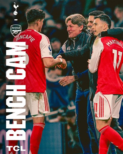 Here it is, Gooners 🎬 All the best touchline reactions from our Tottenham win, brought to you by Bench Cam 🍿 🤝 TCL Electronics | Arsenal