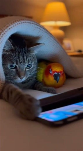 Cat and Parrot Secretly Watching Phone… Then Owner Arrives! 🐱🦜📱