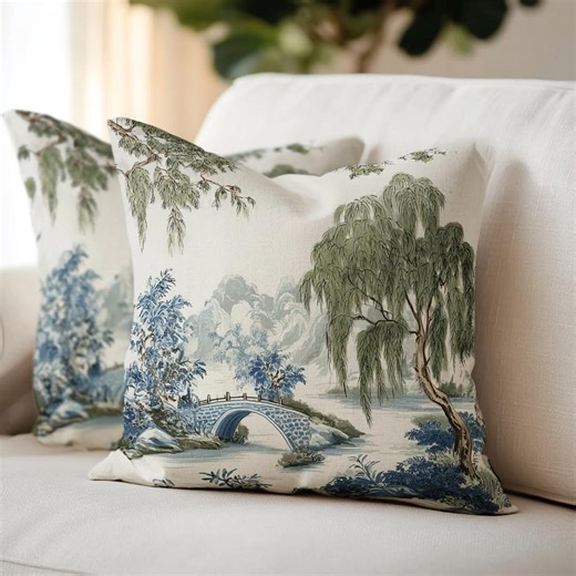 Chinoiserie Willow Tree Pillow Cover, Blue and Green Toile Cushion, Asian Landscape Art, Grandmillennial Home Decor, French Country Accent - Etsy