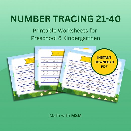 Number Tracing 21-40 Printable Worksheets | Kindergarten & 1st Grade Math Practice | Handwriting Workbook | Homeschool Digital Download - Etsy