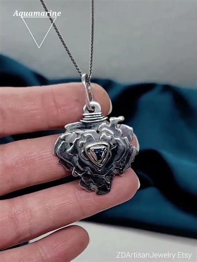 🔽Aquamarine trillion silversmith oxidized sterling silver water element talisman pendant