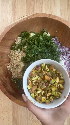 Jennifer Aniston Salad 2 cups cooked quinoa 15 ounces chickpeas, one can, drained and rinsed 1 English cucumber, diced 1 small red onion, finely diced 1/2 bunch fresh parsley, finely chopped 1/2 bunch fresh mint leaves, leaves picked and finely chopped 1/4 bunch fresh dill, minced 1/2 cup roasted and shelled pistachios, chopped 1 cup crumbled feta cheese Kosher salt and pepper, to taste Dressing: zest and juice of 1 lemon 1 tablespoon apple cider vinegar 1 tablespoon maple syrup 1/4 cup olive oi