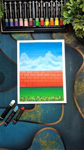 🧱 Easy Brick Wall & 🌼 Scenery Drawing | Oil Pastels #shorts