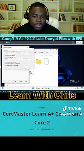 🔐 CompTIA A Lab 19.2.11 — Encrypt Files with EFS This lab demonstrates how to encrypt files and folders on an NTFS drive using EFS, protecting them so that only authorized users can access them. 🧠 Key Concepts EFS Overview: Built-in Windows feature for file and folder encryption. Works only on NTFS-formatted drives. Encryption is tied to the user account that encrypted the file. Access Control: Only your account or someone with an exported EFS certificate/key can decrypt the file. Moving encry