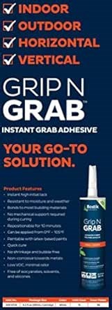 BOSTIK Grip n Grab 9.5oz Instant Grab Premium Heavy Duty Adhesive Glue | Professional Grade | Internal External Waterproof Low Odor Fast Cure | Wood Concrete Drywall Metal & More | 1 Cartridge