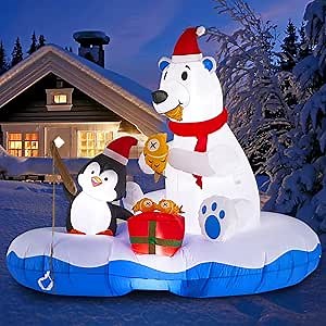 6FT Long Christmas Inflatables Polar Bear with Fishing Penguin, Inflatable Christmas Blow Up Yard Decoration with Built-in LED Lights for Xmas Indoor Outdoor Lawn Garden Home Party Holiday