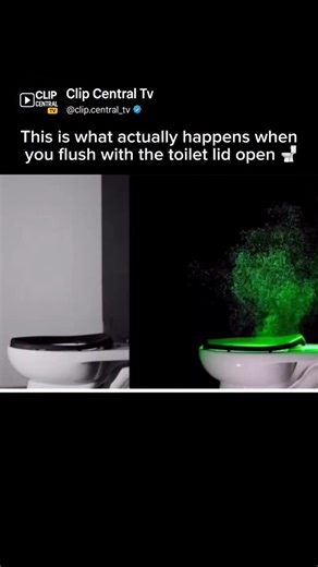 Clip.Central Tv on Instagram: "Follow @clip.central_tv for daily internet finds 🌐 . . This visualization shows what really happens when a toilet is flushed without closing the lid. The glowing particles represent tiny droplets released into the air during a flush. These droplets can carry bacteria and spread to nearby surfaces like toothbrushes, towels, and countertops. Studies show that closing the lid before flushing can significantly reduce how far these particles travel, helping limit conta