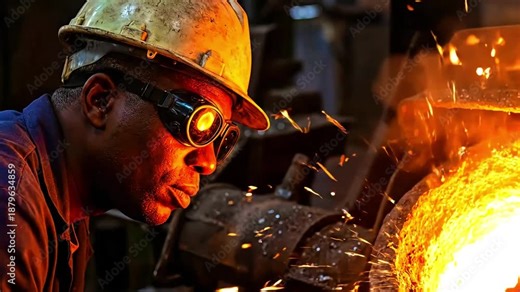 Focused foundry worker wearing protective hard hat and safety goggles intently monitors the intense molten metal pouring process during heavy industry manufacturing operations.